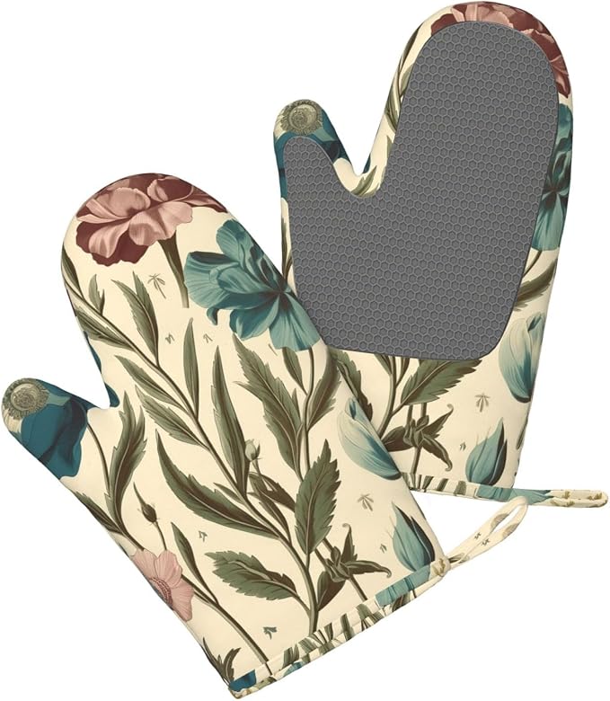 Floral Print Oven Mitts Set of 2, Heat Resistant Silicone Oven Mittens Gloves - Image 3