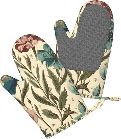 Floral Print Oven Mitts Set of 2, Heat Resistant Silicone Oven Mittens Gloves - Image 3