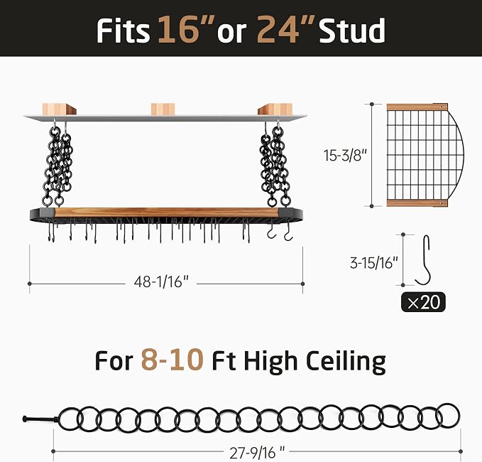 KES 48 Inch Large Hanging Pot Rack Ceiling Mount - Image 5