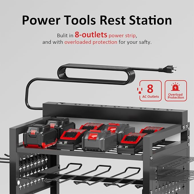 Power Tool Organizer Cart with 8 Charger Ports & Adjustable Storage, Garage - Image 3
