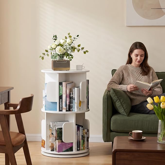 2-Tier 360° Rotating Bookshelf, Round Floor Standing Bookcase - Image 7