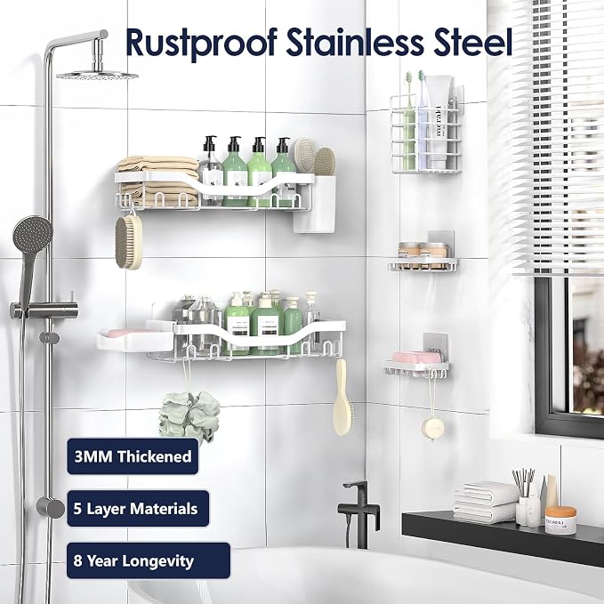 Shower Caddy Adhesive Shower Organizer 7-Pack, Rustproof Stainless Steel - Image 5