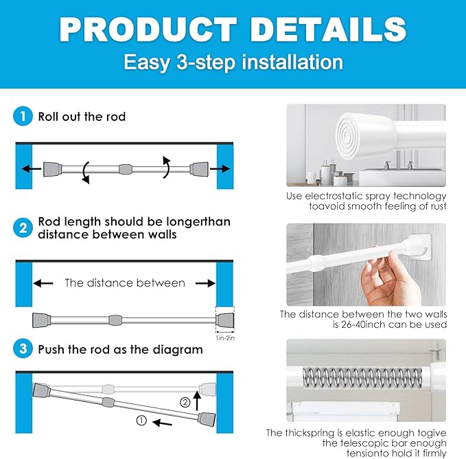 MEXAU 2Pack Spring Tension Curtain Rod 26-39 inch White Small Tension Rod | - Image 6