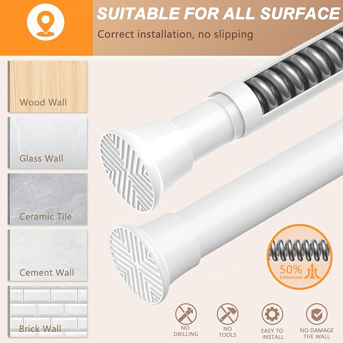 1PCS White Shower Curtain Rod 30-76 Inch, Tension Curtain Rods No Drilling | - Image 3