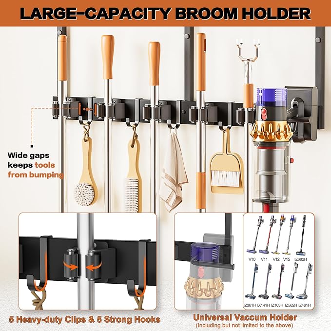 Broom Holder Wall Mount with Cleaning Supplies Organizer, Laundry Room - Image 3