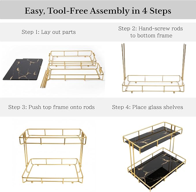 2-Tier White Marble Bathroom Countertop Organizer – Glass Shelves & Gold Metal - Image 8