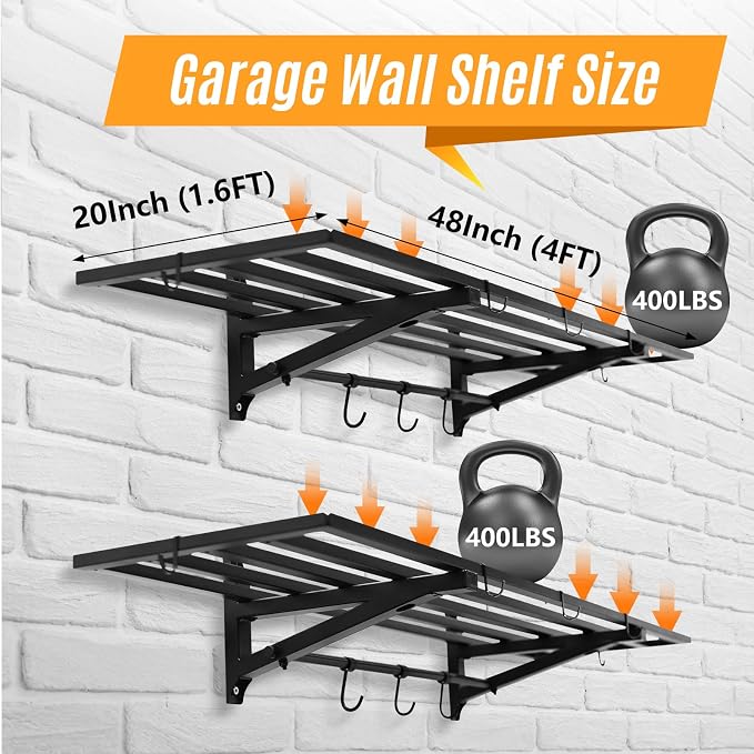 2-Pack 1.6X4 FT Garage Shelving Wall Mounted Holds Up to 800 Lbs Heavy Duty - Image 2