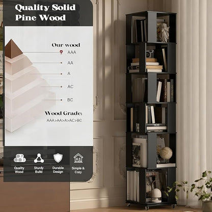 6 Tier Solid Wood Rotating Bookshelf Tower on Wheels, 360° Upgrade Spinning - Image 4