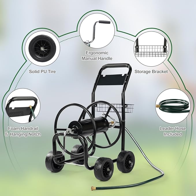 VINGLI 300FT 5/8in Garden Hose Reel Cart, 4-Wheel Portable Residential Hose - Image 6