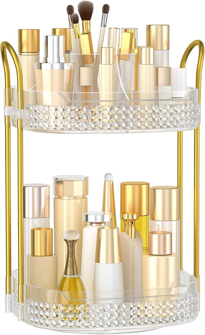 360 Rotating Makeup Organizer 2 Tier, Large Skincare Clear Make Up Storage by BOCONY