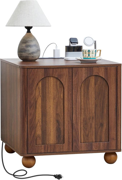 Bed Side Table with Charging Station, Mid Century Modern Nightstand with 2 Doors by affeivul