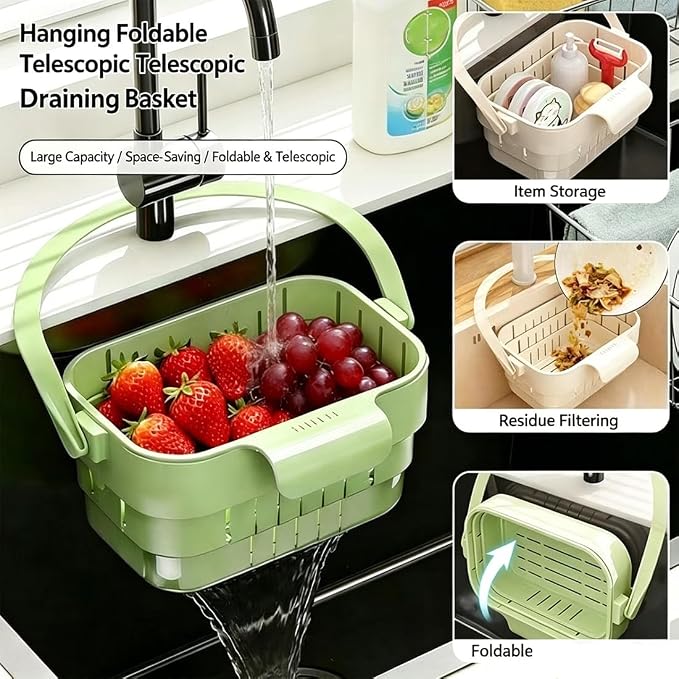 Foldable Hanging Sink Drain Basket, Stretchable Kitchen Colander, No-Drill - Image 2