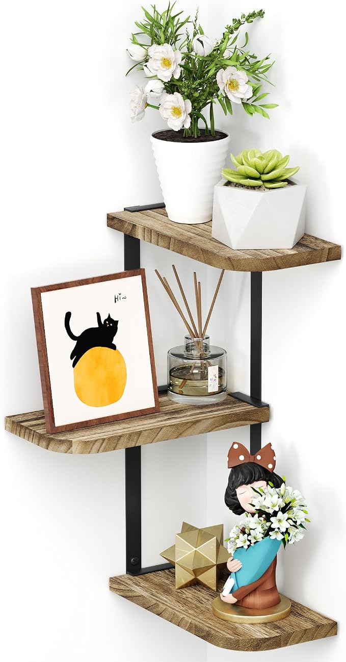 Love-KANKEI Corner Wall Shelf, Solid Wood, Carbonized Black | Easy to Install - Image 9