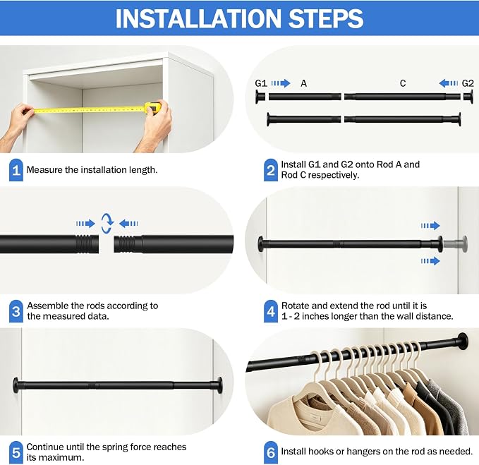 No Drilling Closet Rod, Adjustable Black Closet Rod, 28-98 Inches Closet - Image 7
