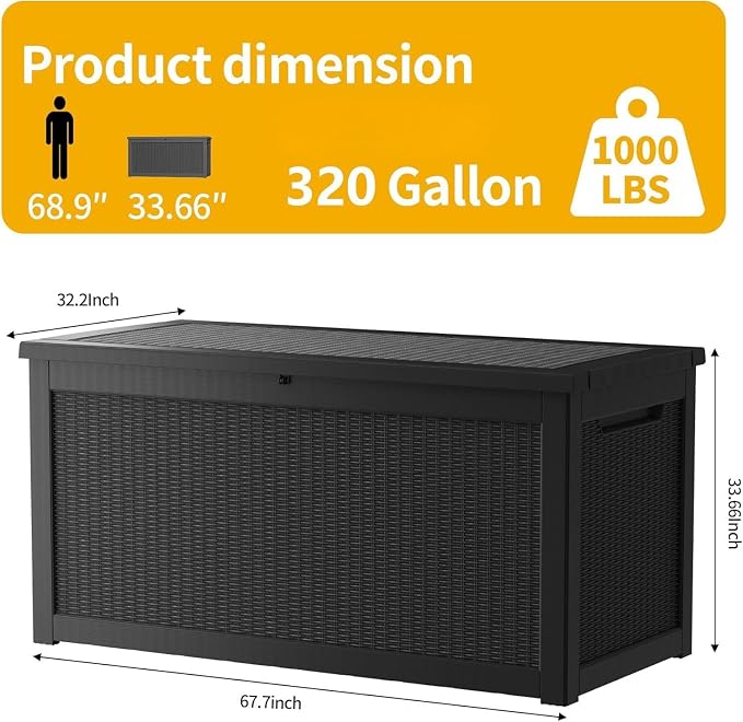 320 Gallon Outdoor Storage Box Waterproof Lockable Resin Deck Box Large - Image 2
