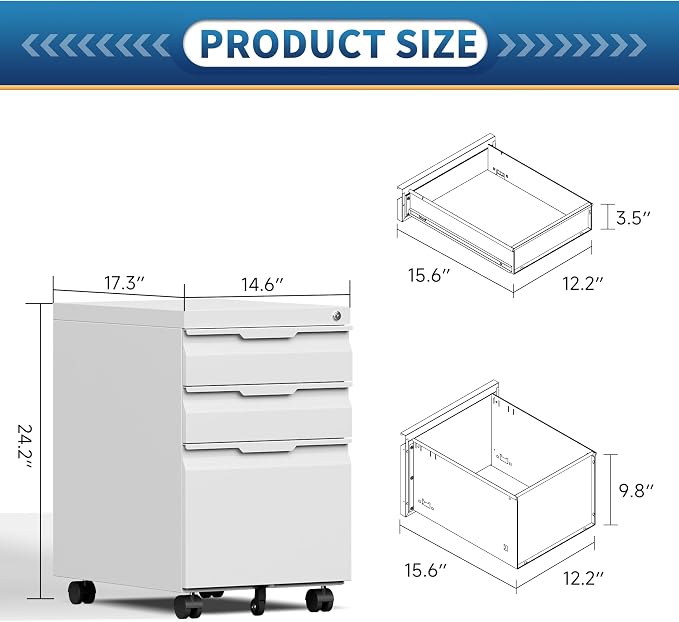 File Cabinet for Home Office, 3 Drawers Mobile File Cabinets Rolling, Under - Image 2