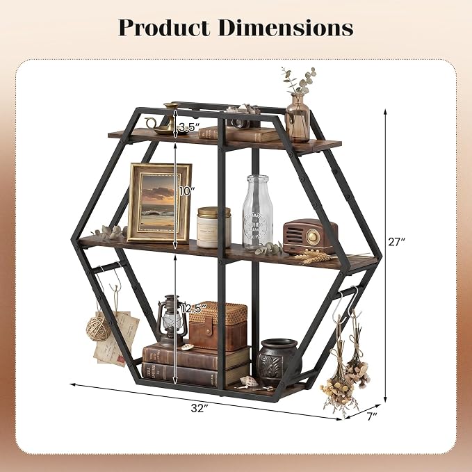 Tangkula Hexagon Wall Shelf, 3-Tier Geometric Bookcase - Image 3