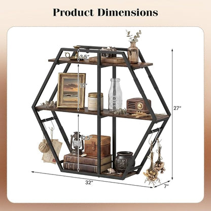 Tangkula Hexagon Wall Shelf, 3-Tier Geometric Bookcase - Image 3