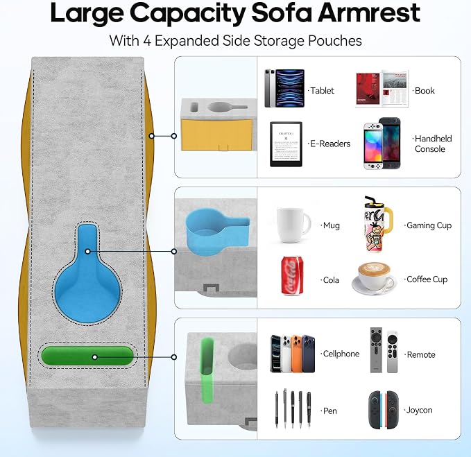 Sofa Armrest Couch Caddy with Cup Holder, Removable Couch Armrest Table Pillow - Image 3