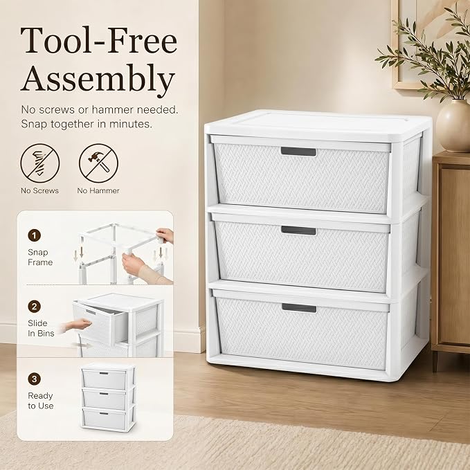 Wide 3-Drawer Plastic Storage Tower, Cross-Weave Floor Cabinet, tool-free - Image 4