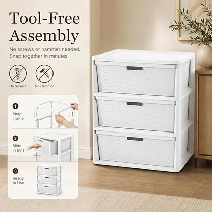Wide 3-Drawer Plastic Storage Tower, Cross-Weave Floor Cabinet, tool-free - Image 4
