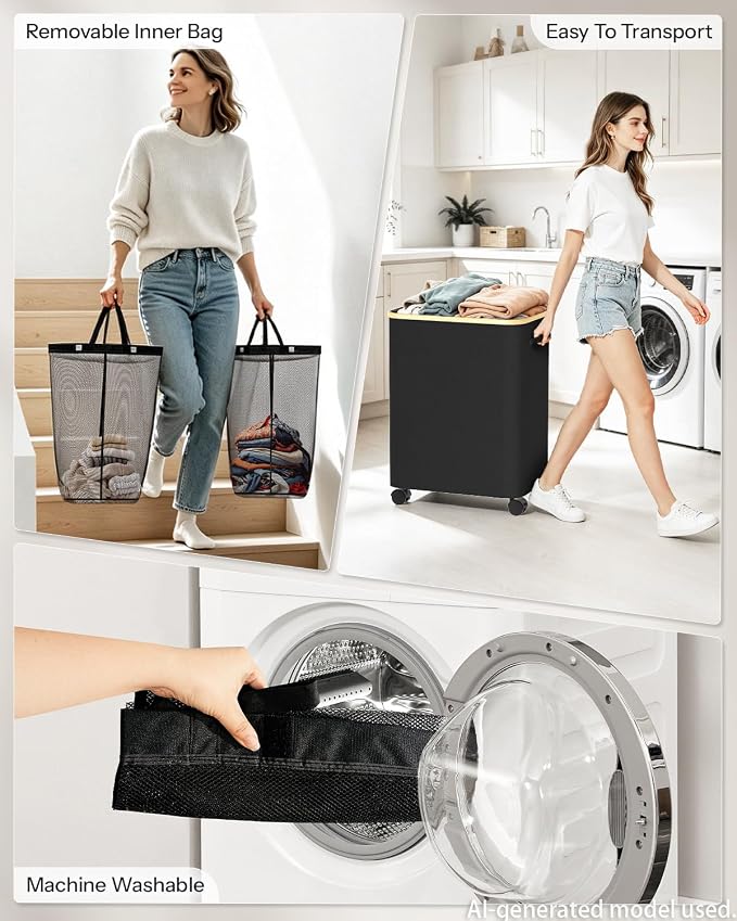 Double Laundry Hamper with Lid and Wheels, 150L Large Laundry Basket with 2 - Image 4