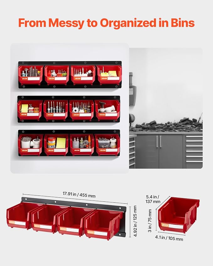 VEVOR Wall Mounted Storage Bins, 12 Plastic Bins & 3 Metal Rails, Plastic - Image 2