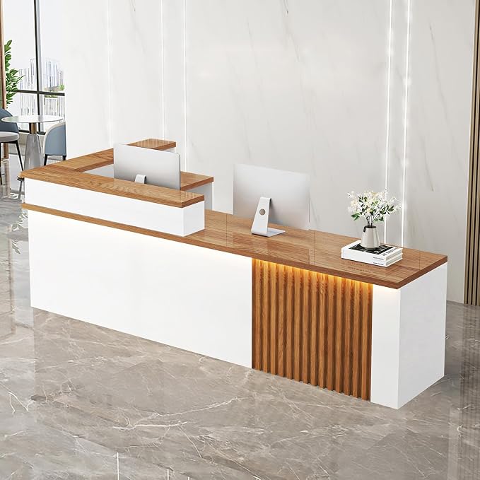 Receptionist Desk with LED Light，Wooden Salon Checkout Counter with Storage by Unknown