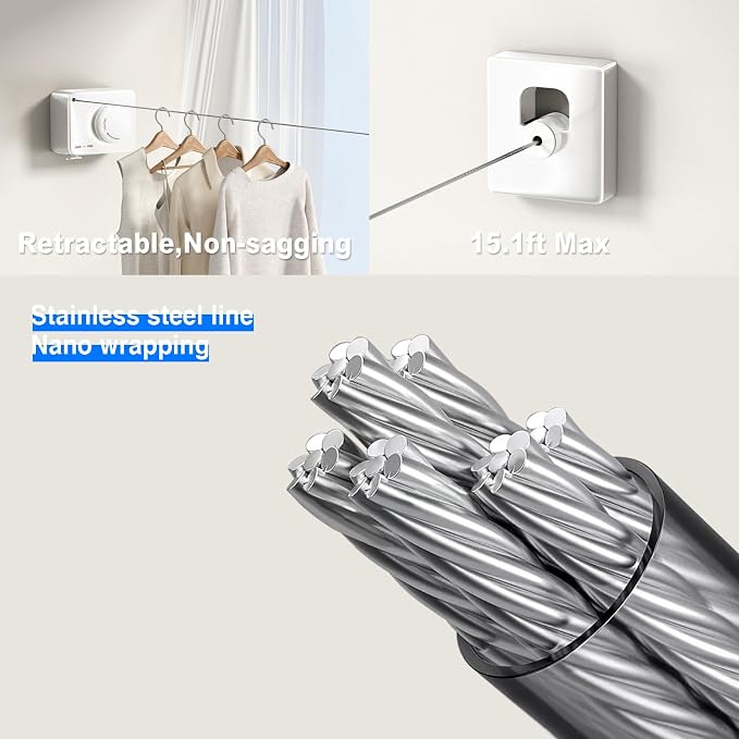 Retractable Clothesline Indoor, Non-Sagging Outdoor Clothes Line Retracting - Image 2