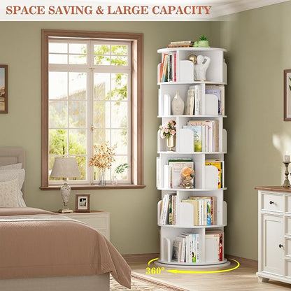Aheaplus 6 Tier Rotating Bookshelf, Wood Spinning Bookshelf Tower, Round - Image 5