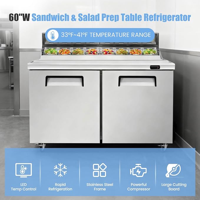 60" W Commercial Refrigerator Sandwich Salad Prep Table, Stainless Steel 2-Door - Image 7