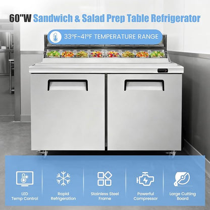 60" W Commercial Refrigerator Sandwich Salad Prep Table, Stainless Steel 2-Door - Image 7
