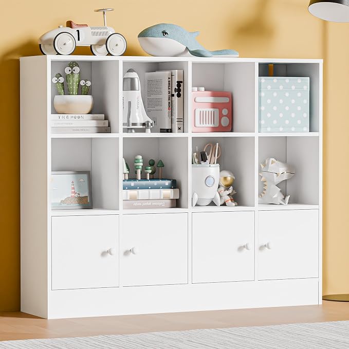 Cozy Castle White Wood Bookcase, 12 Cube Storage Organizer Bookshelf - Image 10