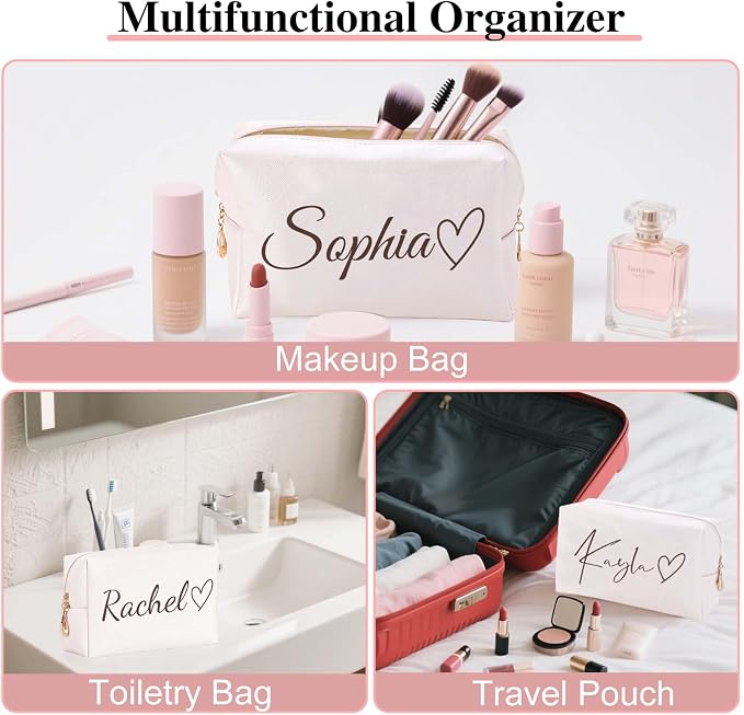 Personalized Makeup Bag with Name & Birth Flower, Custom Leather Cosmetic Bags - Image 4