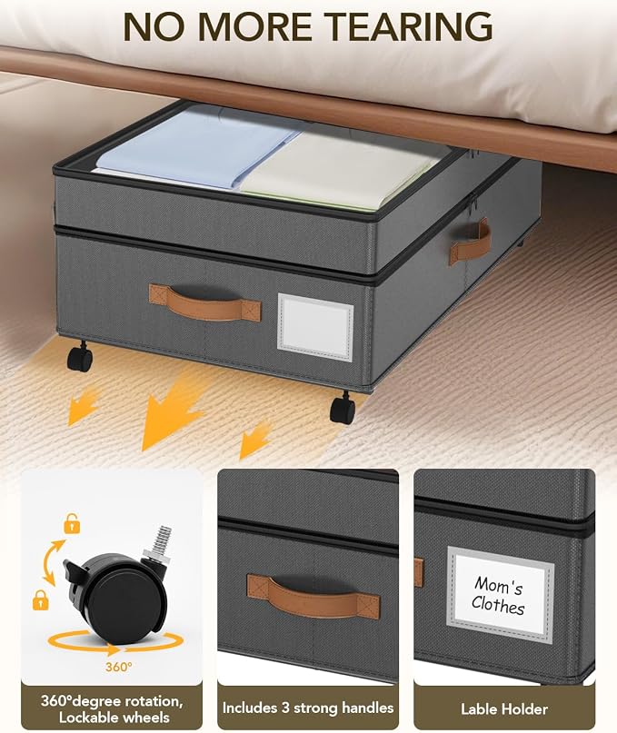 4 Pack Under Bed Storage with Wheels, Adjustable Height Storage Containers - Image 6