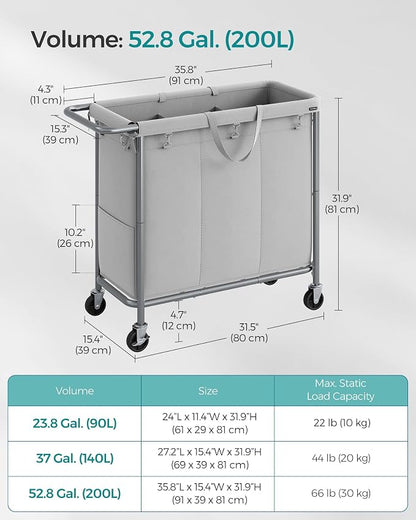 SONGMICS Laundry Basket with Wheels, 3-Section Rolling Laundry Hamper, 52.8 - Image 6