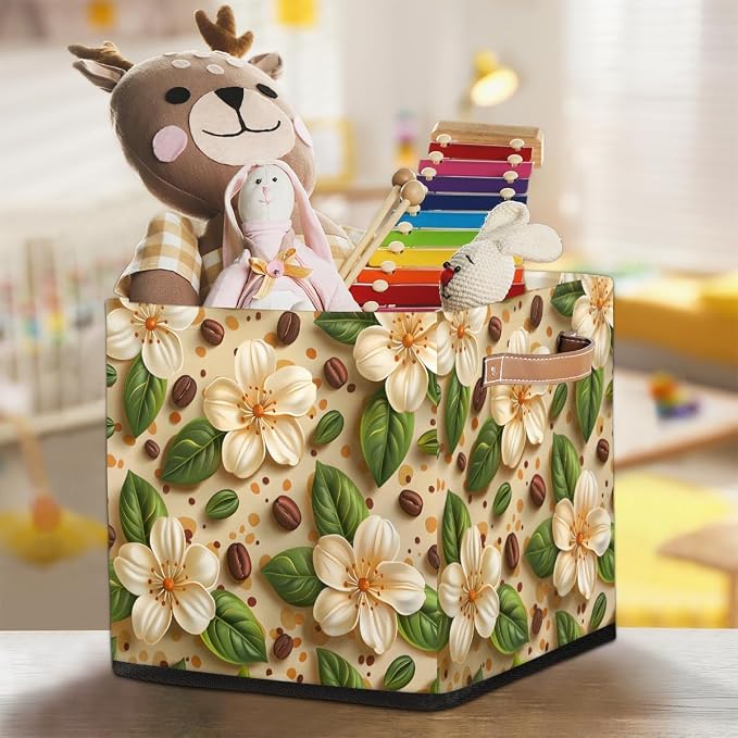 TropicalLife 13x13x13 Inch Large Fabric Storage Cube Beige Floral Print - Image 7