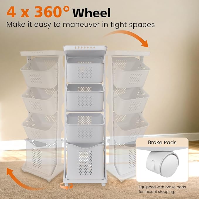 BAOKALER 4-Tier Laundry Hamper Sorter, Vertical Rolling Laundry Baskets - Image 5