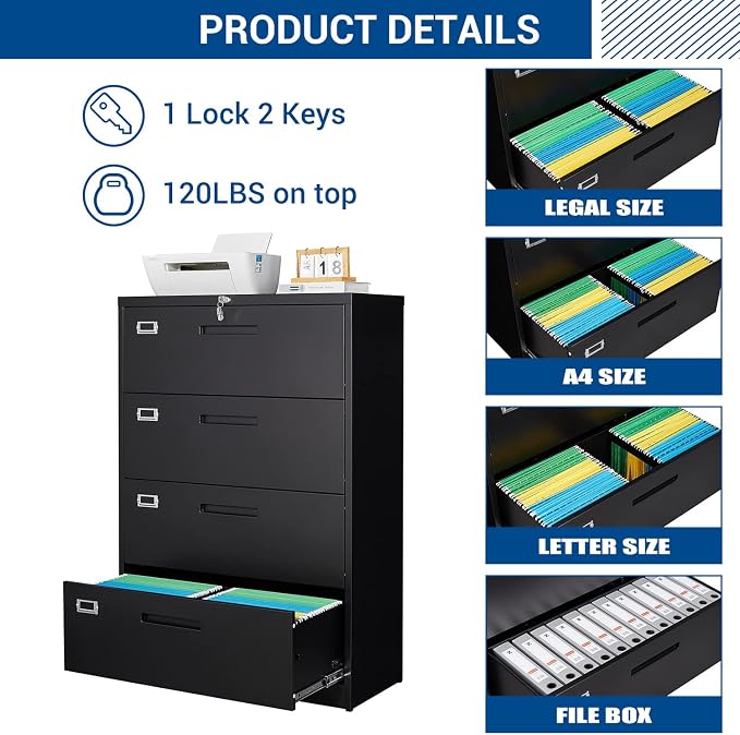 Lateral File Cabinet with Lock, 4 Drawer Large Metal Filing Cabinet, Home - Image 5