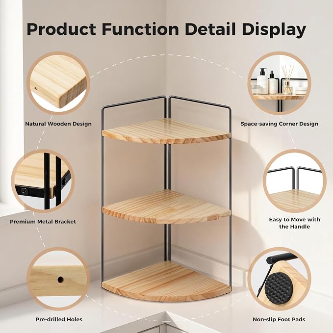 3 Tier Corner Bathroom Counter Organizer – Solid Wood + Metal Stand, Bathroom - Image 4