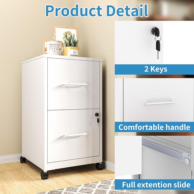 2 Drawer File Cabinet with Lock, Mobile File Cabinets with Wheels, Metal Office - Image 5