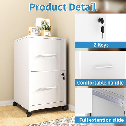 2 Drawer File Cabinet with Lock, Mobile File Cabinets with Wheels, Metal Office - Image 5