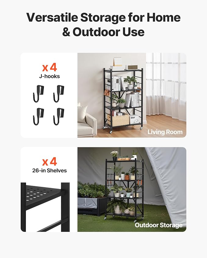 VEVOR 4-Tier Foldable Storage Shelf, 26W x 13D x 46H Inch Folding Metal Rack - Image 8