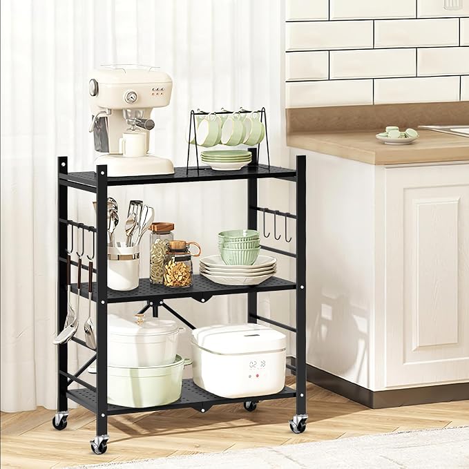 Himix Storage Shelves with 6 Hooks, 3 Tier Foldable Shelf with Wheels, Metal - Image 8