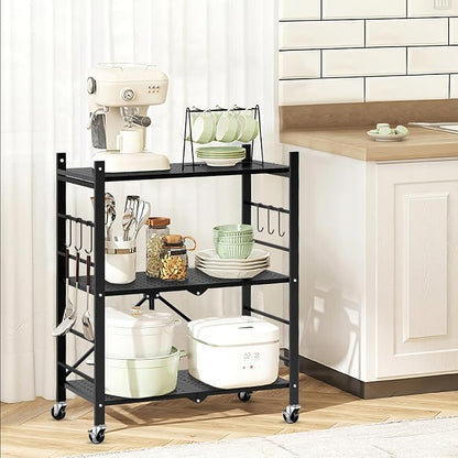 Himix Storage Shelves with 6 Hooks, 3 Tier Foldable Shelf with Wheels, Metal - Image 8