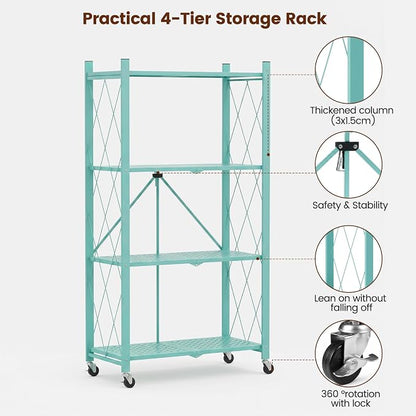 ALANNG 4 Tier Folding Storage Shelf on Wheels, Heavy Duty Metal Rolling Cart | - Image 10