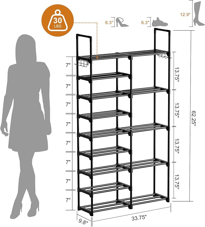 WOWLIVE 9 Tier 2-Column Shoe Rack, 30-35 Pairs Stackable Black | Compact - Image 3