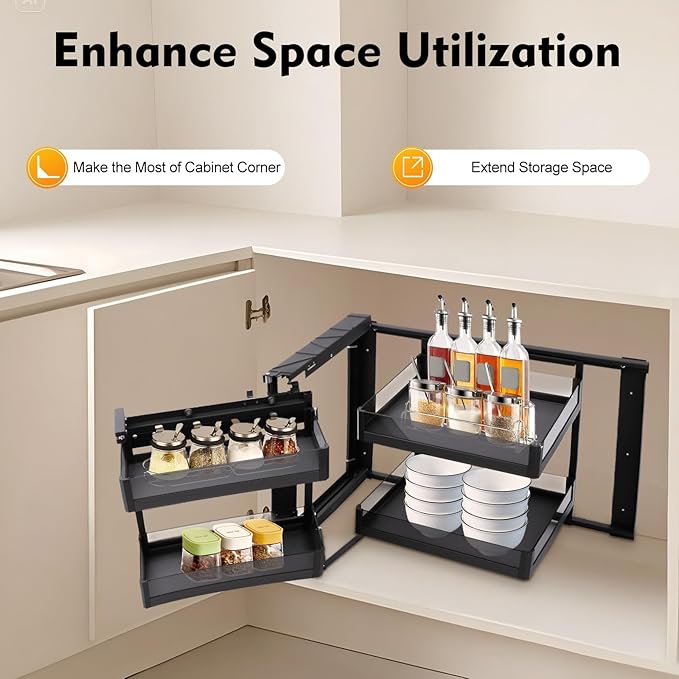Blind Corner Cabinet Pull Out Organizer, 14 Inch 2 Tiers Pull Out Shelf - Image 3