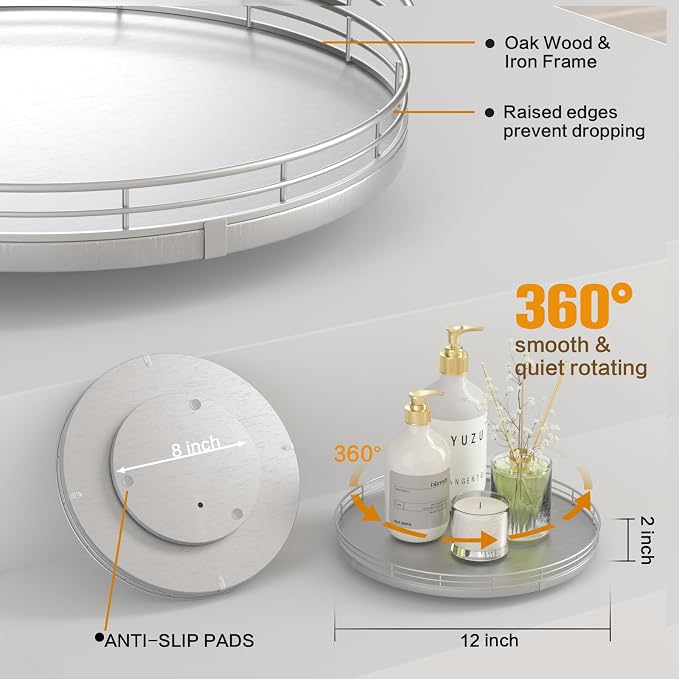 12" Silver Lazy Susan for Table Top, Oak Wood Lazy Susan Turntable Organizer - Image 5