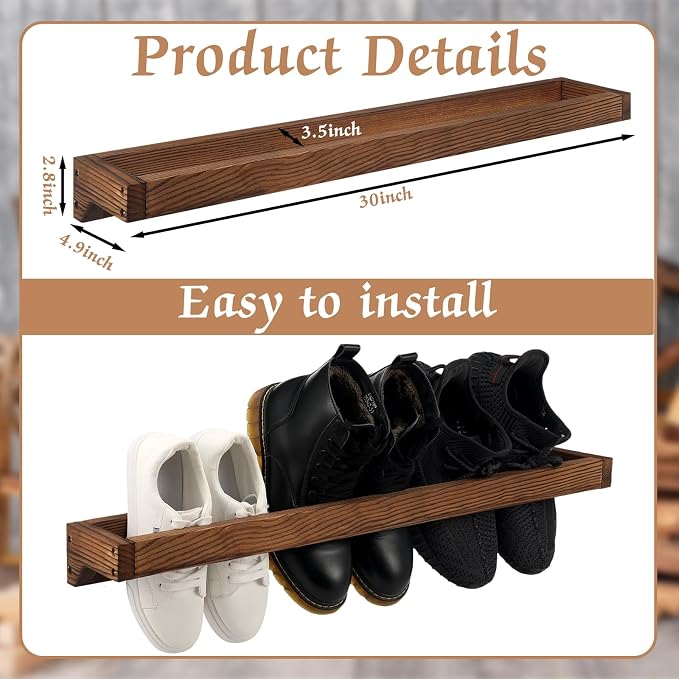 Wenqik 2 Pcs Wall Mounted Wooden Shoe Rack 30 Inch Rustic Wood Wall Hanging - Image 2